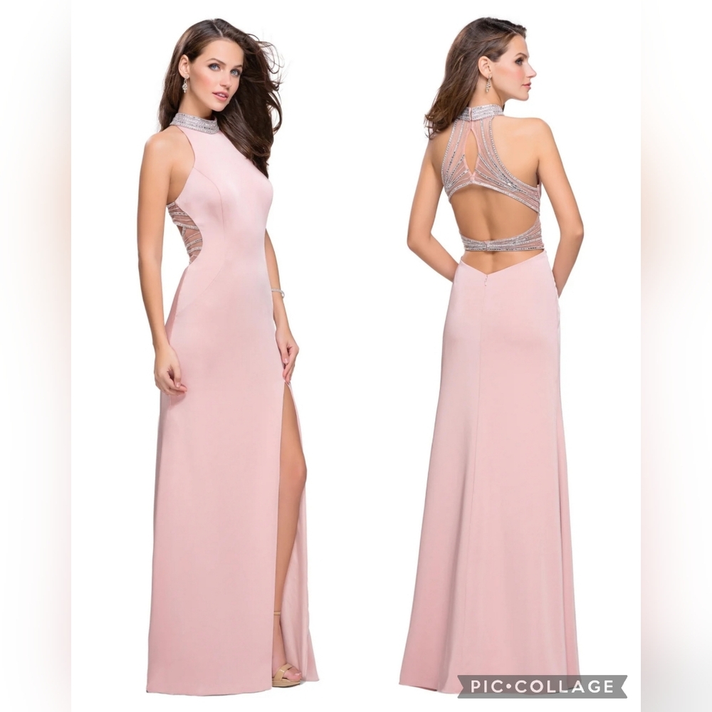 La Femme Elegant Pink Halter Open Back Sequins Slit Gown Size 2